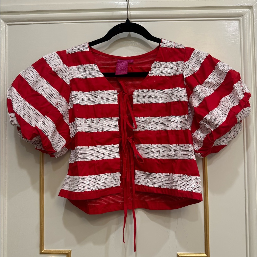 QUEEN OF SPARKLES Red & White Sequin Stripe Tie-Front Puff Sleeve Crop Top